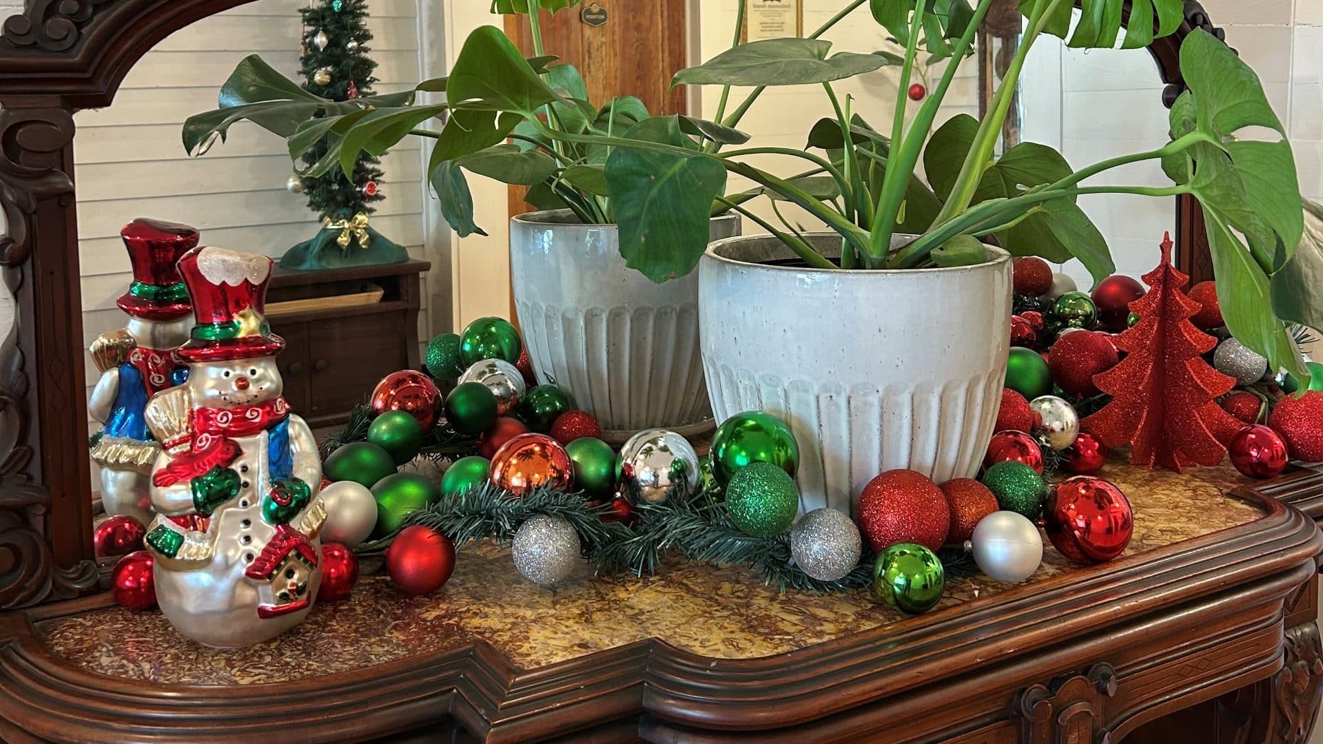 Plant in white container on wooden cabinet with ornaments surrounding it.