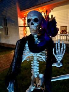Skeleton waving hand with black rose in mouth and wearing a black scarf. 