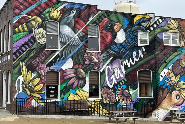 Brightly colored mural of birds and flowers on the side of a building